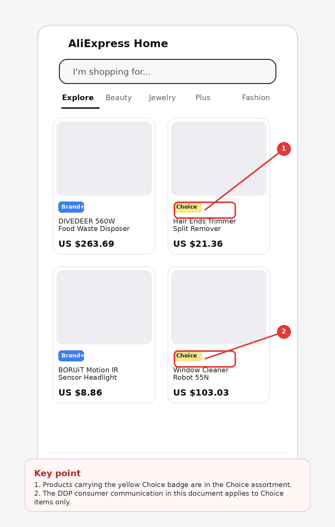 דף רשימת מוצרים ב-AliExpress עם תווית DDP Choice על המחיר