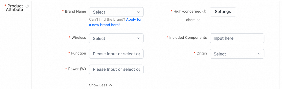 Focus crop. Category-specific attribute inputs. The red asterisks identify required fields in this vacuum example.