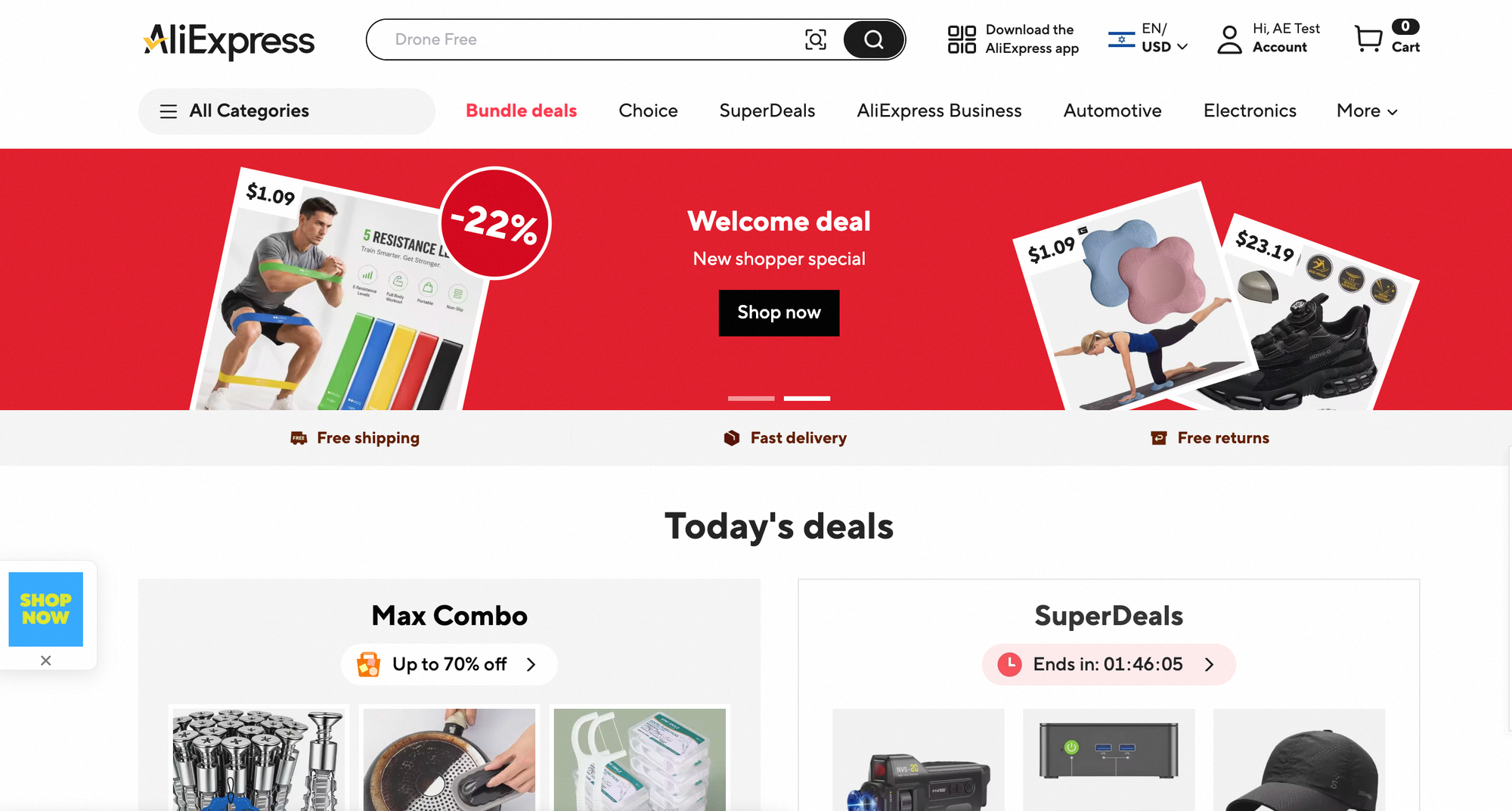 Full screenshot. AliExpress buyer homepage with a search bar, navigation and promotional areas.